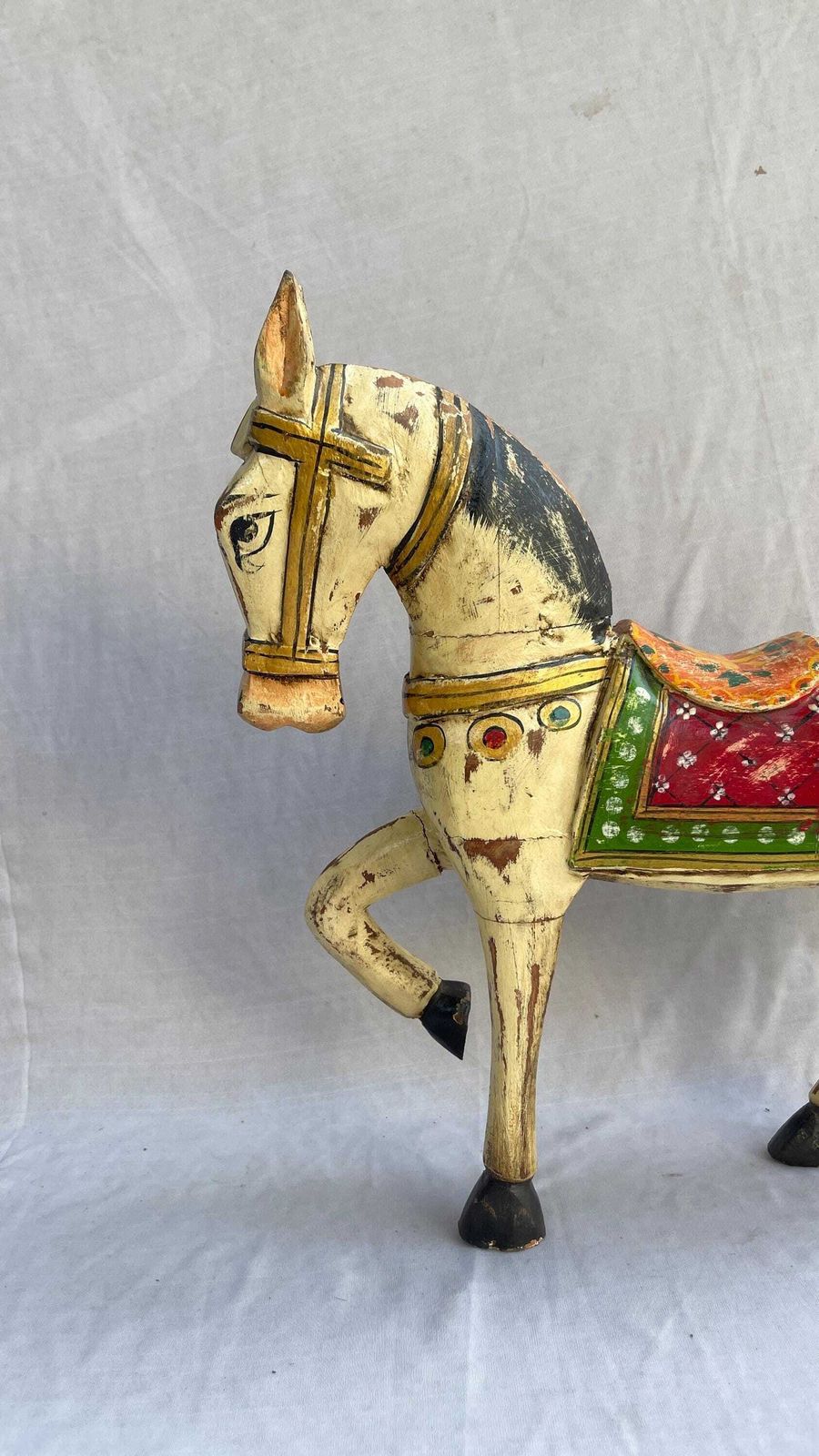 Handcrafted Wooden Horse Figurine – Painted Indian Folk Art Decor, 18 Inch. photo furniture