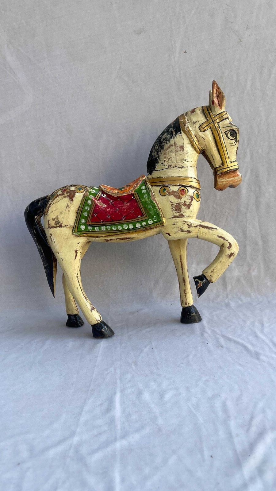 Handcrafted Wooden Horse Figurine – Painted Indian Folk Art Decor, 18 Inch. photo vinterior
