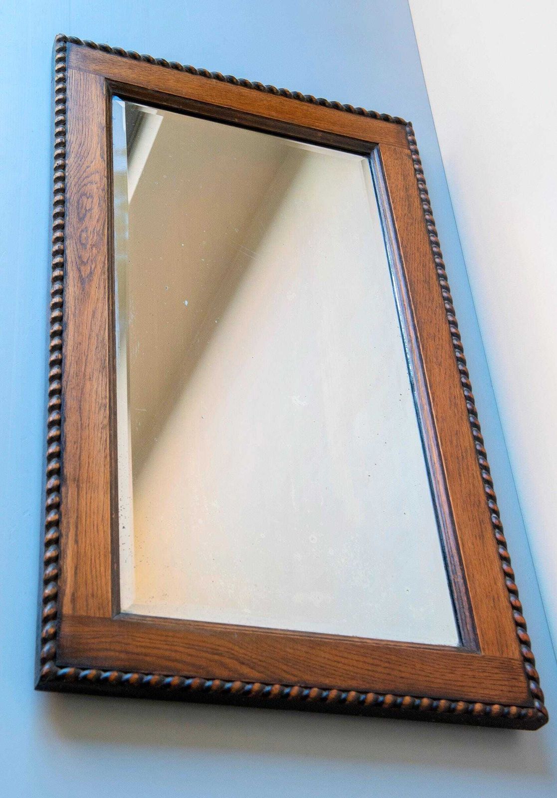 Home Decor Victorian Oak Wall Mirror – Antique Barley Twist Frame With Beveled Glass, 1900s photo
