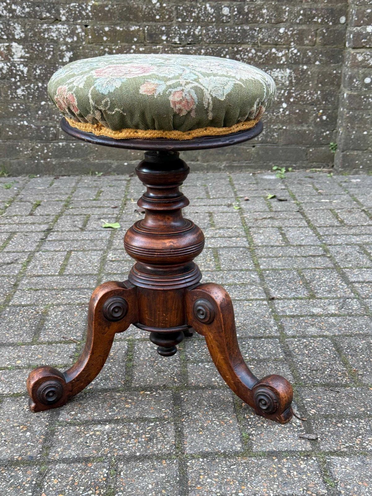 Antique Victorian Adjustable Piano Occasional Stool – Solid Wood Carved Tripod Stool With Floral Green Upholstered Seat photo Furniture