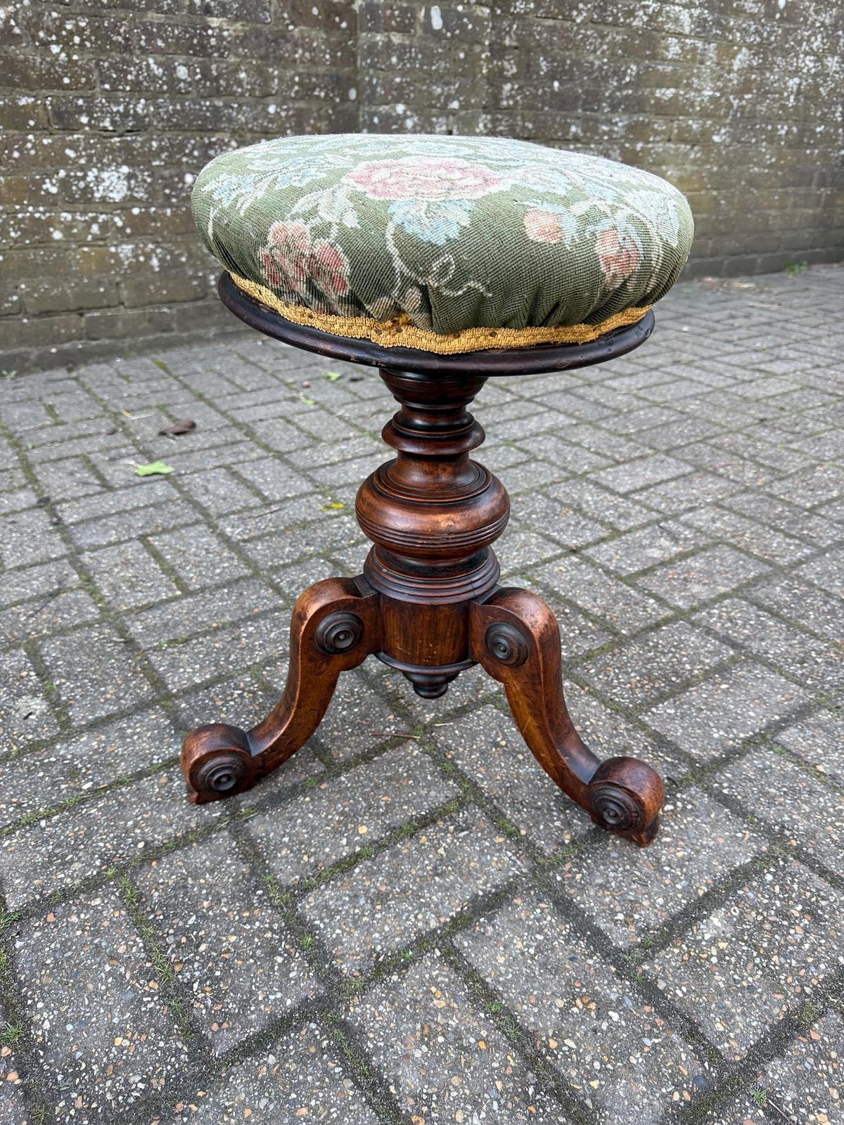 245.0 Antique Victorian Adjustable Piano Occasional Stool – Solid Wood Carved Tripod Stool With Floral Green Upholstered Seat photo