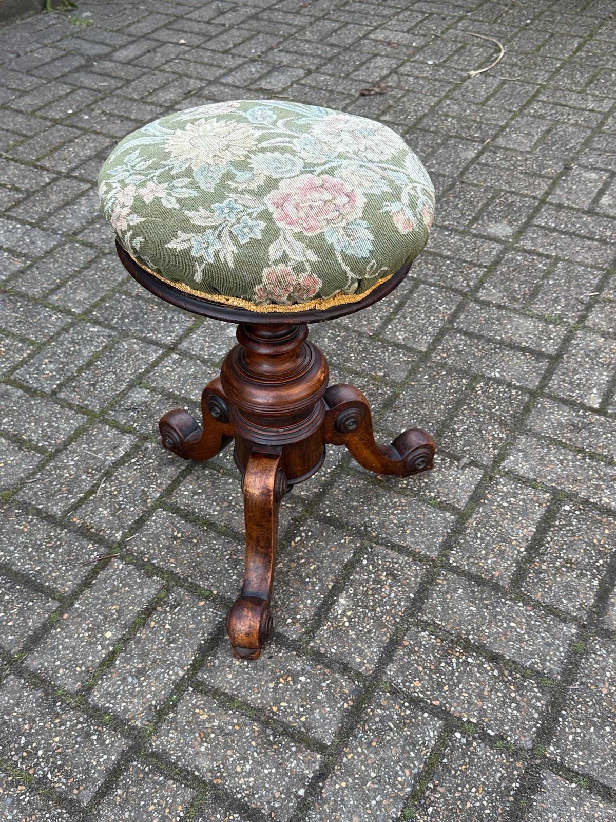 photo buy Antique Victorian Adjustable Piano Occasional Stool – Solid Wood Carved Tripod Stool With Floral Green Upholstered Seat