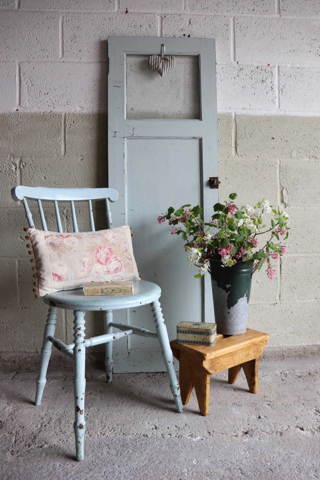 Painted Spindle Back Farmhouse Penny Chair In Original Distressed Duck Egg Blue