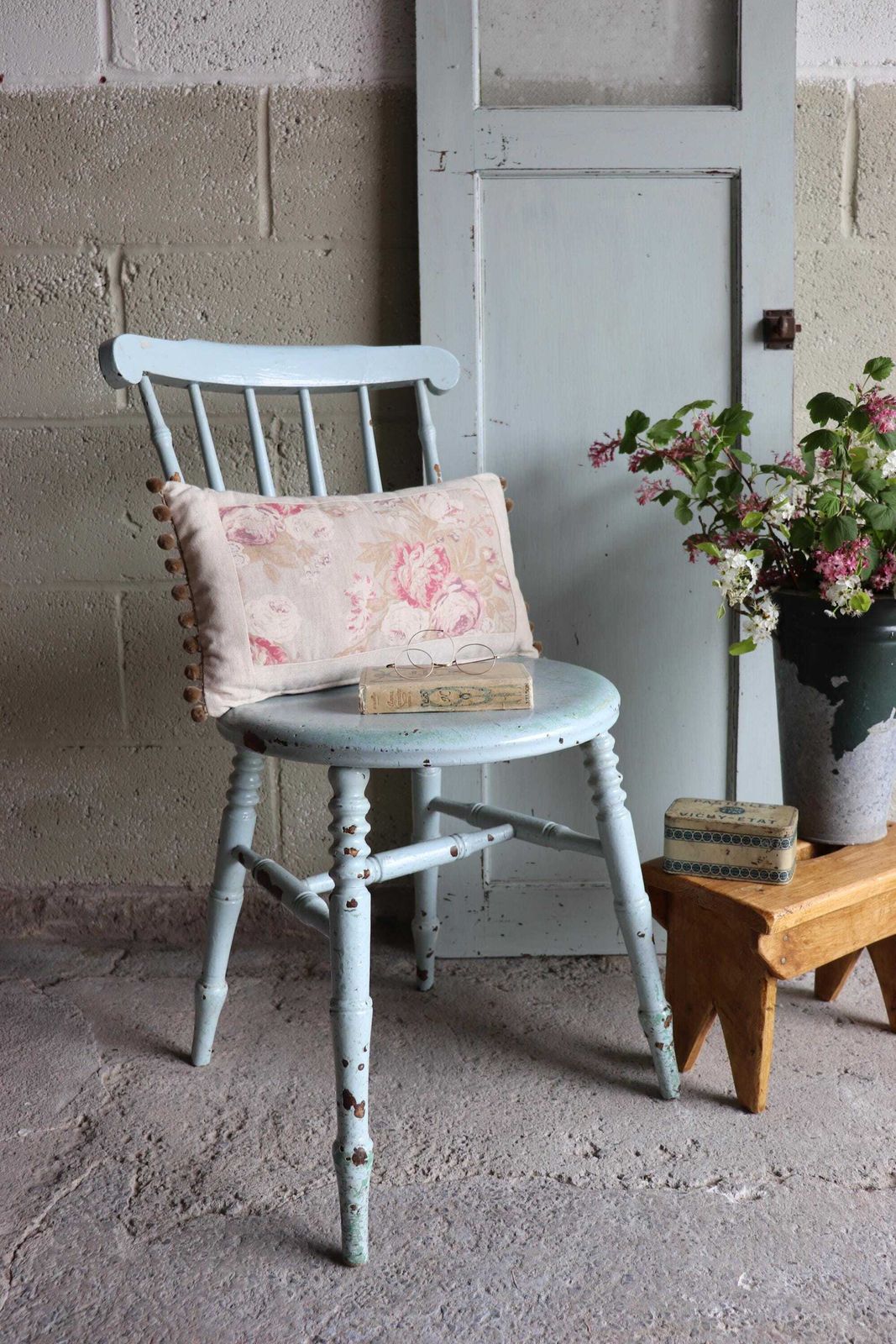 Painted Spindle Back Farmhouse Penny Chair In Original Distressed Duck Egg Blue photo furniture