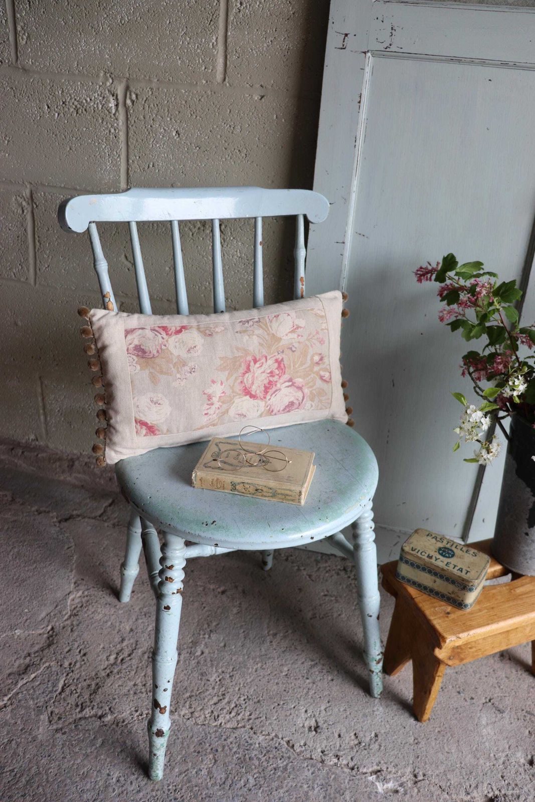 Painted Spindle Back Farmhouse Penny Chair In Original Distressed Duck Egg Blue photo for sale