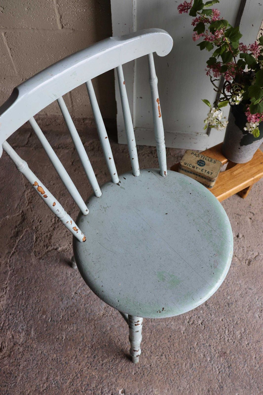 photo for sale Painted Spindle Back Farmhouse Penny Chair In Original Distressed Duck Egg Blue