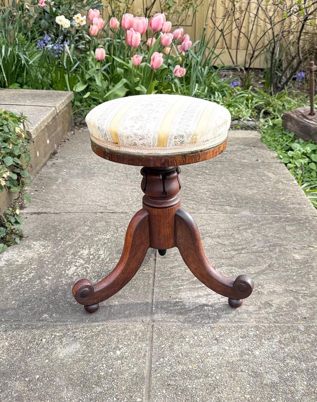 Antique Victorian Piano Stool Carved Walnut Adjustable Seat Yellwo Striped Floral Upholstery