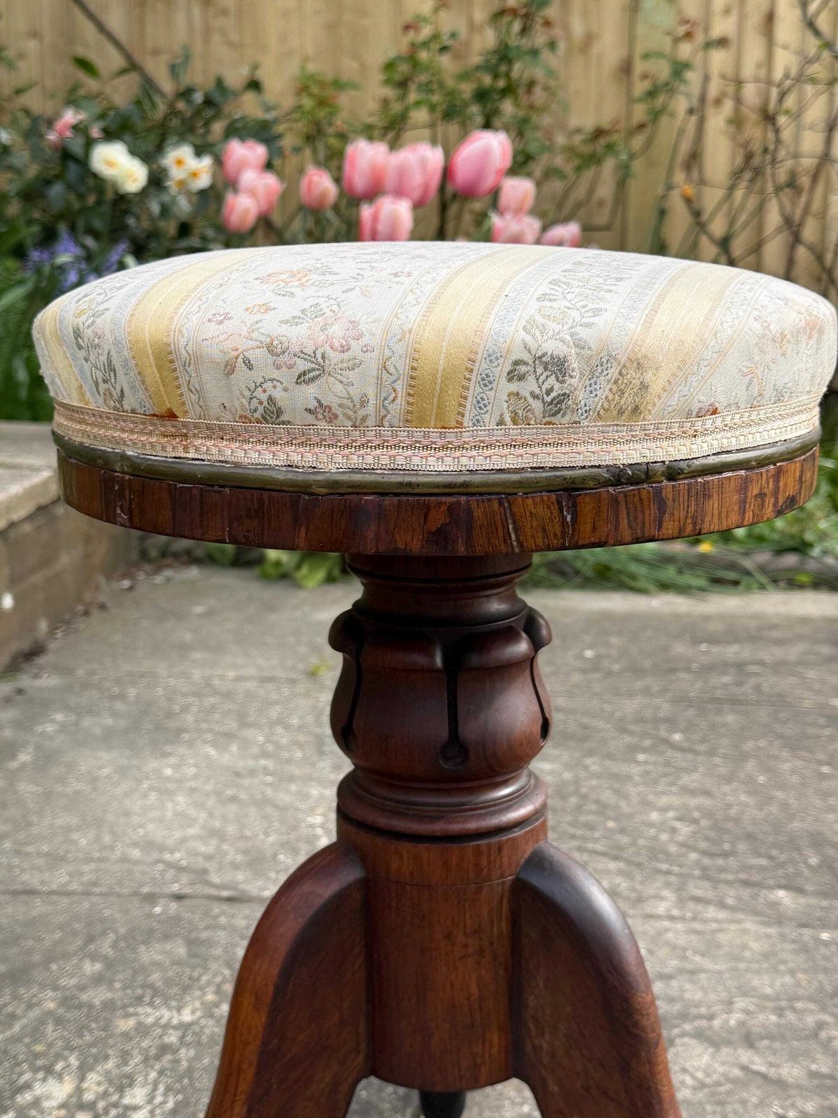Antique Victorian Piano Stool Carved Walnut Adjustable Seat Yellwo Striped Floral Upholstery photo for sale