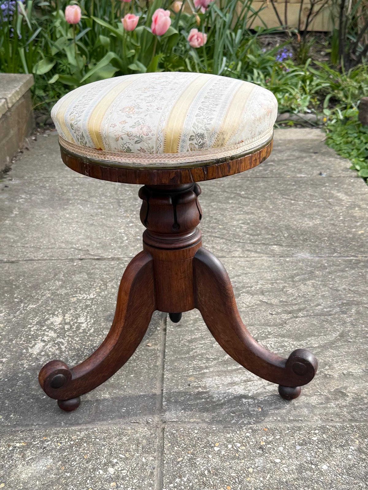 Antique Victorian Piano Stool Carved Walnut Adjustable Seat Yellwo Striped Floral Upholstery photo 245.0