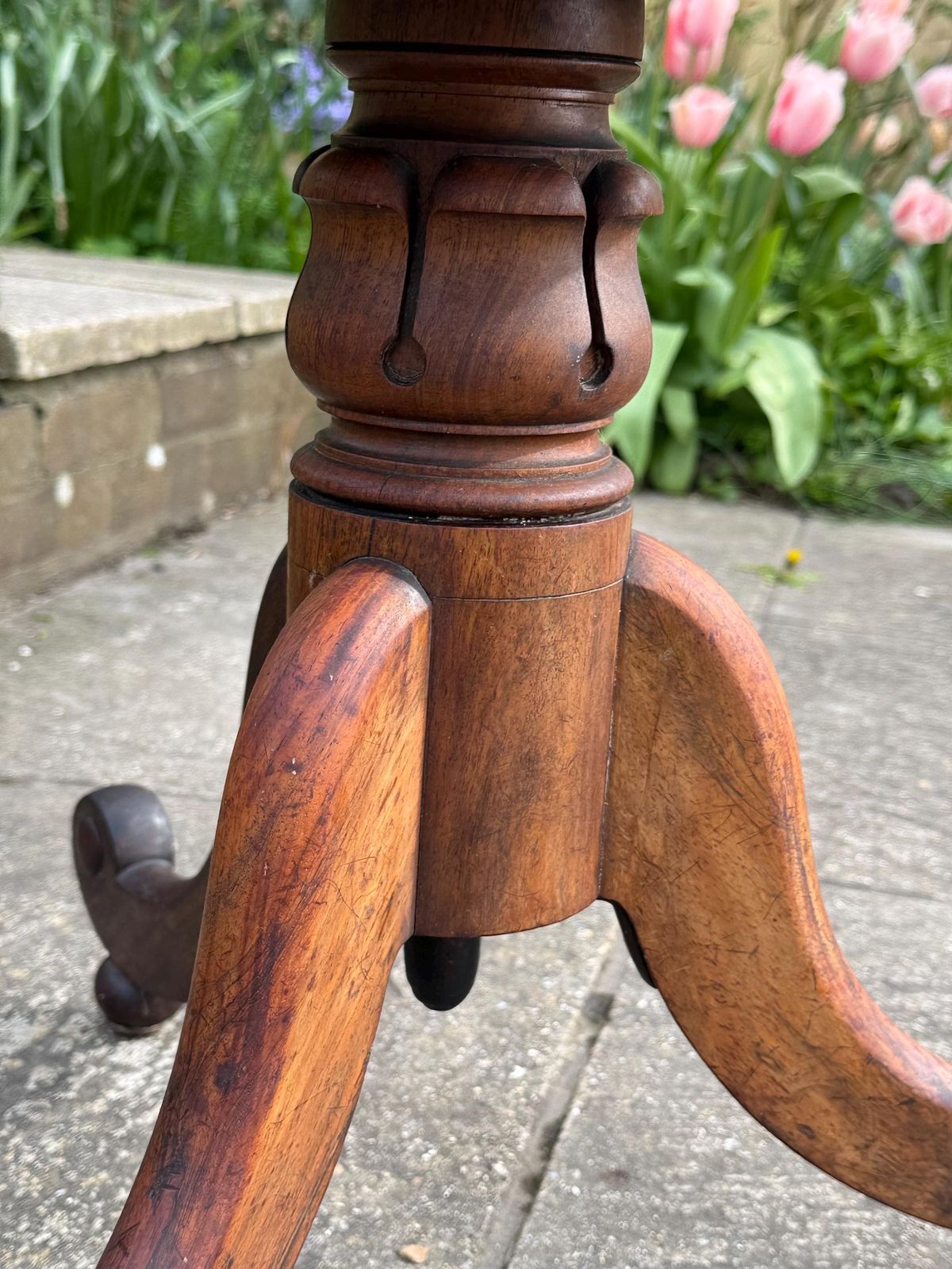 Antique Victorian Piano Stool Carved Walnut Adjustable Seat Yellwo Striped Floral Upholstery photo vintage
