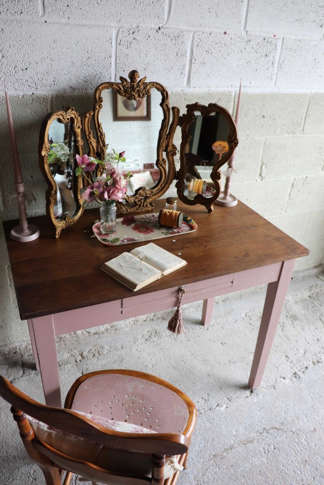 French Mid Century Desk Or Dressing Table With Pink Painted Base And Drawer photo furniture