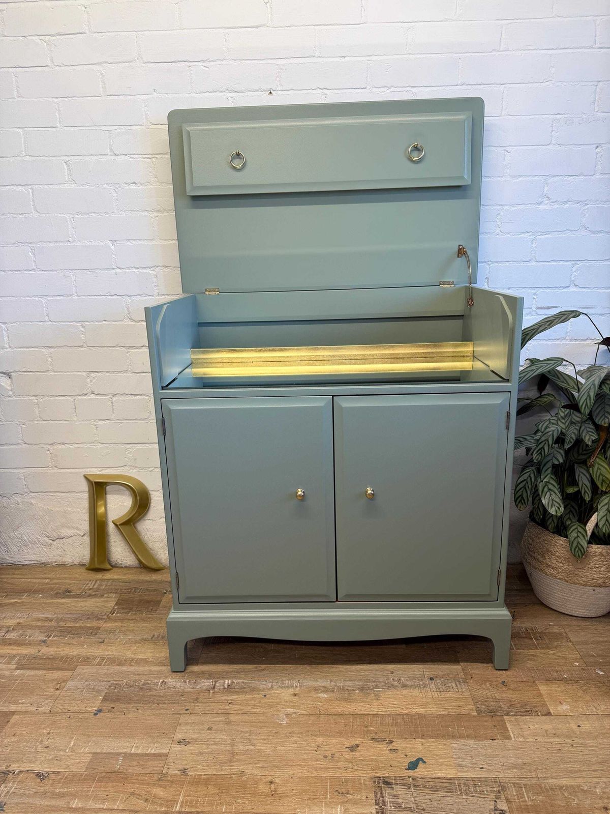 Stag Minstrel Drinks Cabinet | Card Room Green Farrow & Ball | Vintage Cocktail Cabinet | Painted Sideboard | Mid Century Bar Cabinet photo for sale