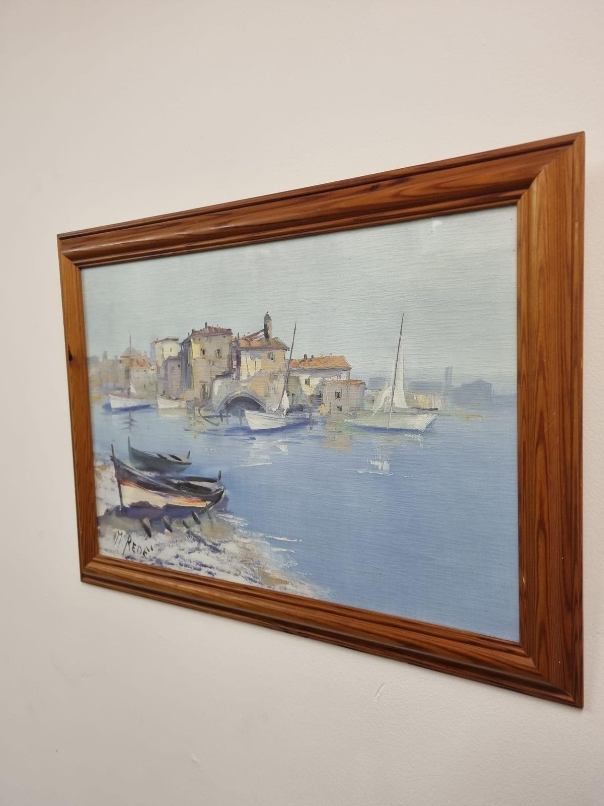 Original Signed Oil Painting On Canvas / Coastal Harbour Scene / C1960 photo for sale