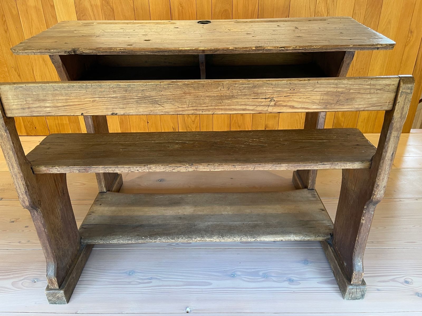 Antique School Desk, French 19thc, Double With Seat, Beautiful Patina photo vinterior