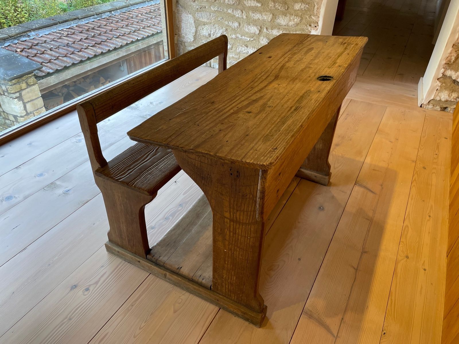 Antique School Desk, French 19thc, Double With Seat, Beautiful Patina photo vintage