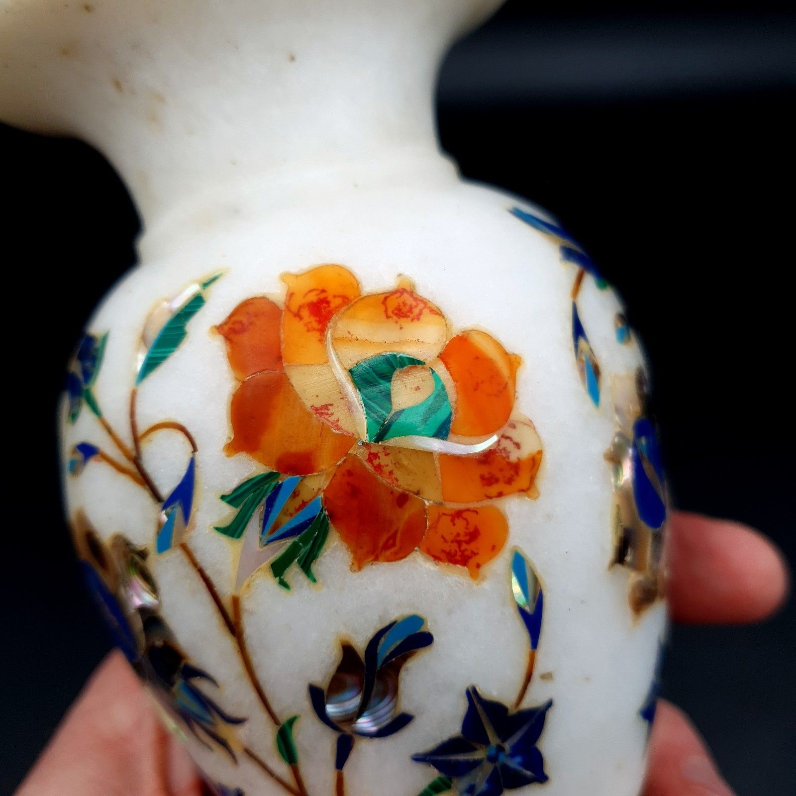 White Marble Decor Pietra Dura Art Semi Precious Stones Flower Bud Vase H 18cm photo vinterior