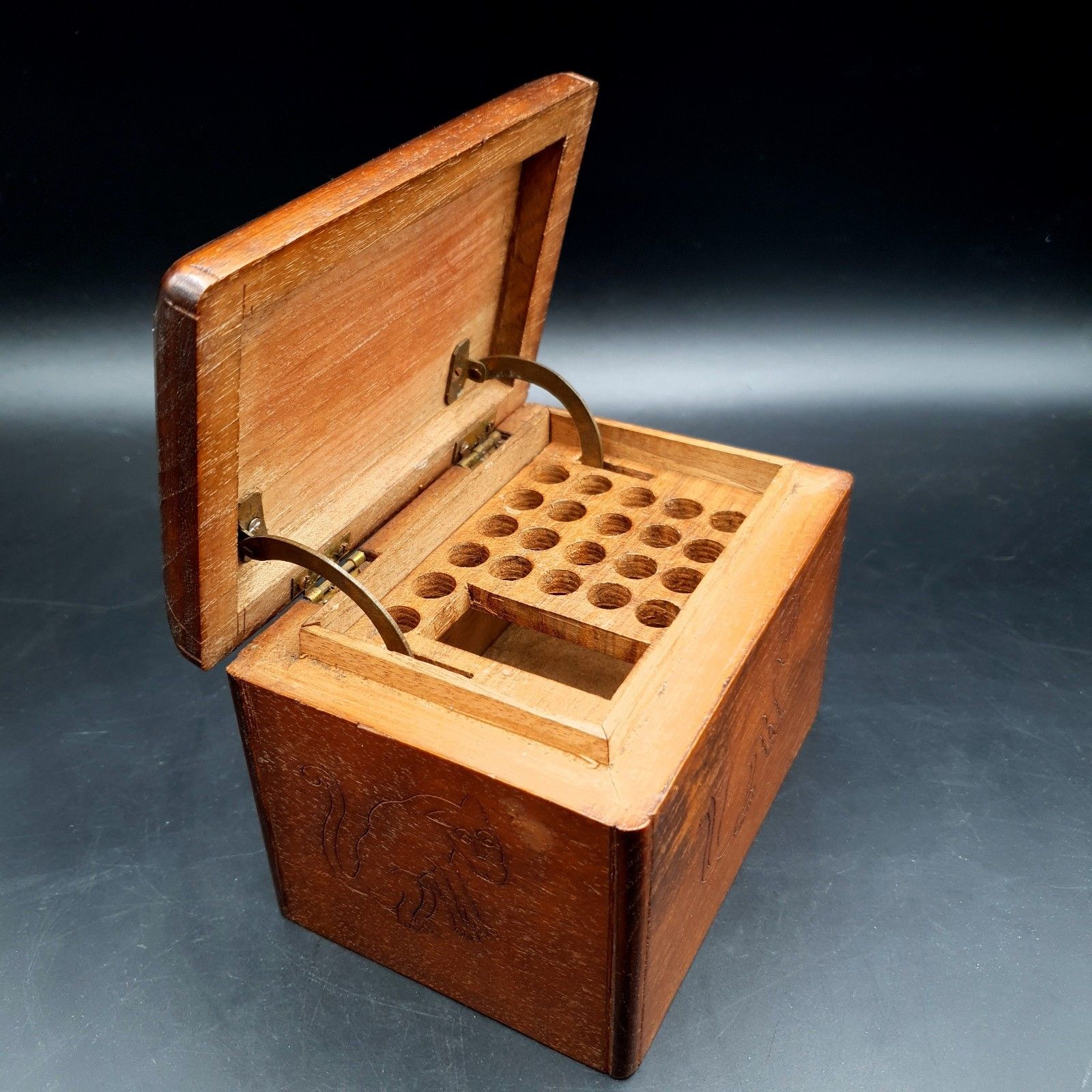 Antique Apothecary Box Rising Tray Vial Holder Carved Monkey Wood Case photo for sale