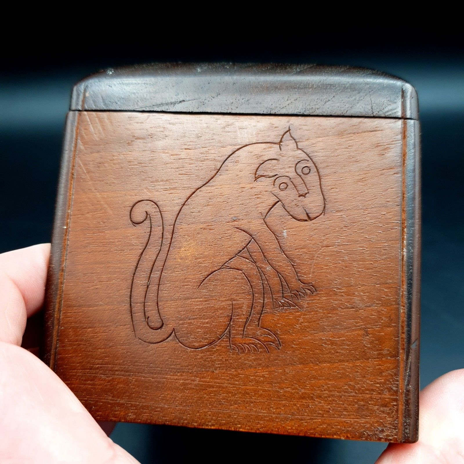 90.0 Antique Apothecary Box Rising Tray Vial Holder Carved Monkey Wood Case photo