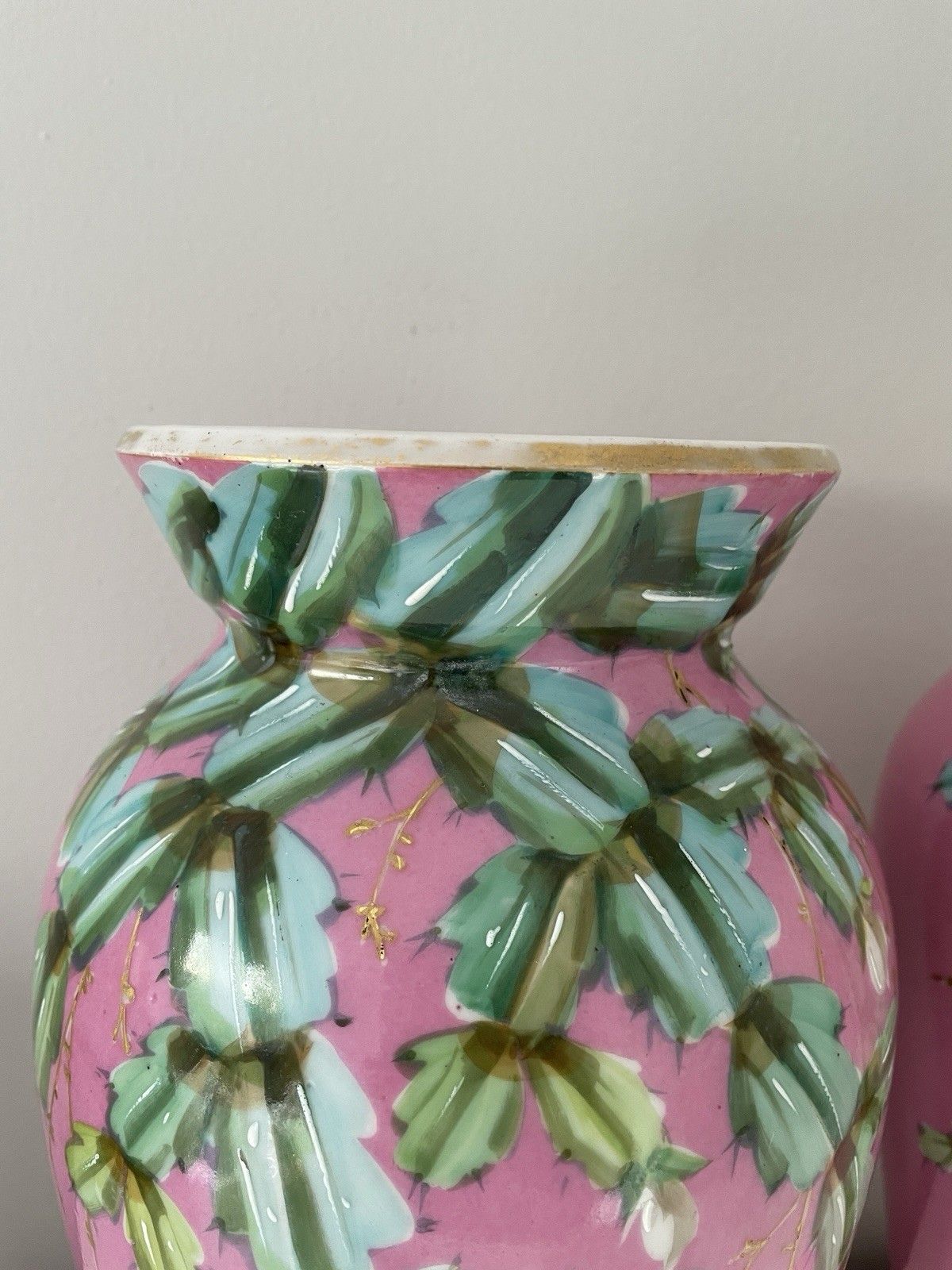 Pair Vintage Pink Chinoiserie Vases Hand Painted Flowering Cactus Gold Details photo for sale