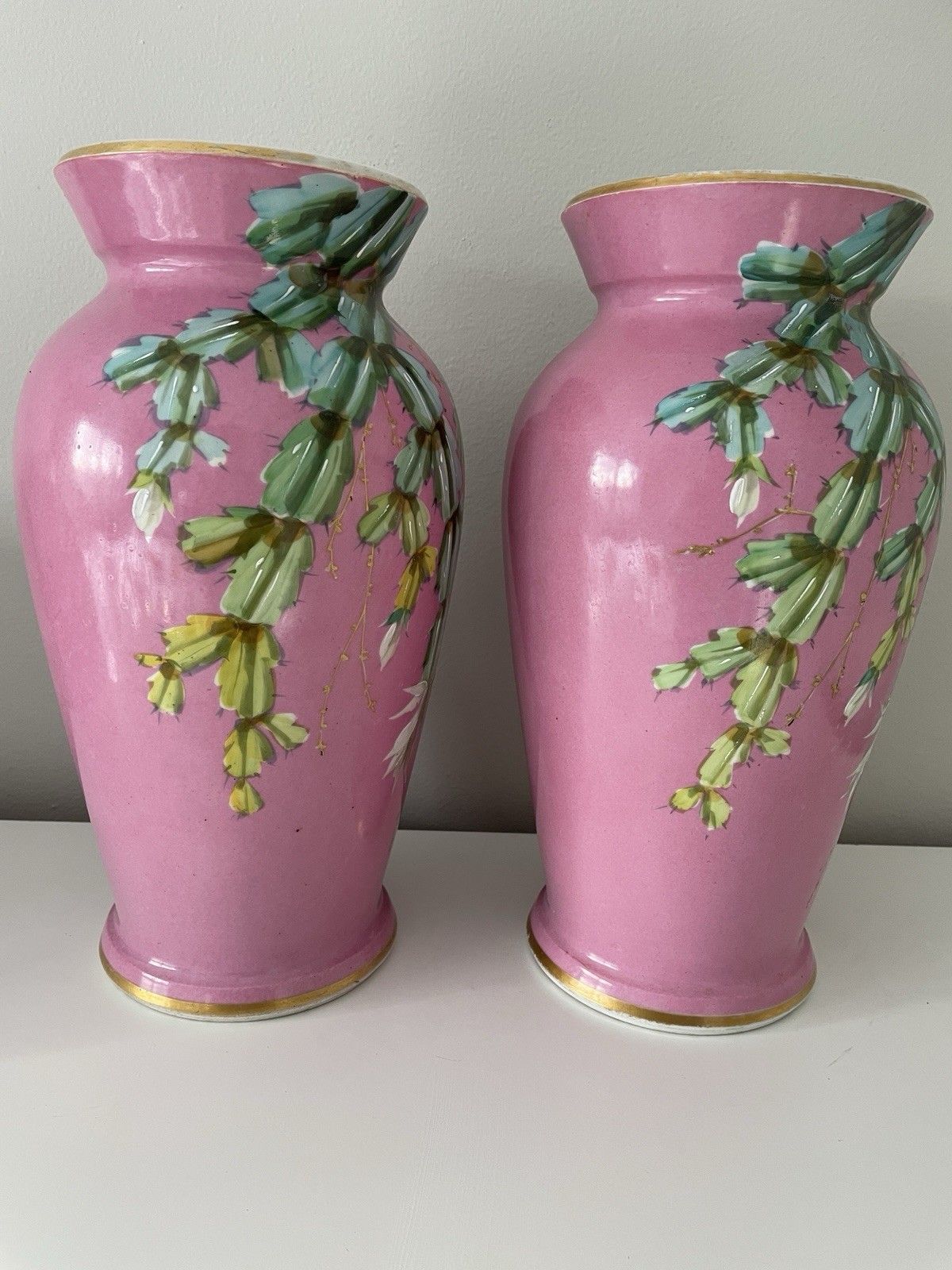 photo for sale Pair Vintage Pink Chinoiserie Vases Hand Painted Flowering Cactus Gold Details