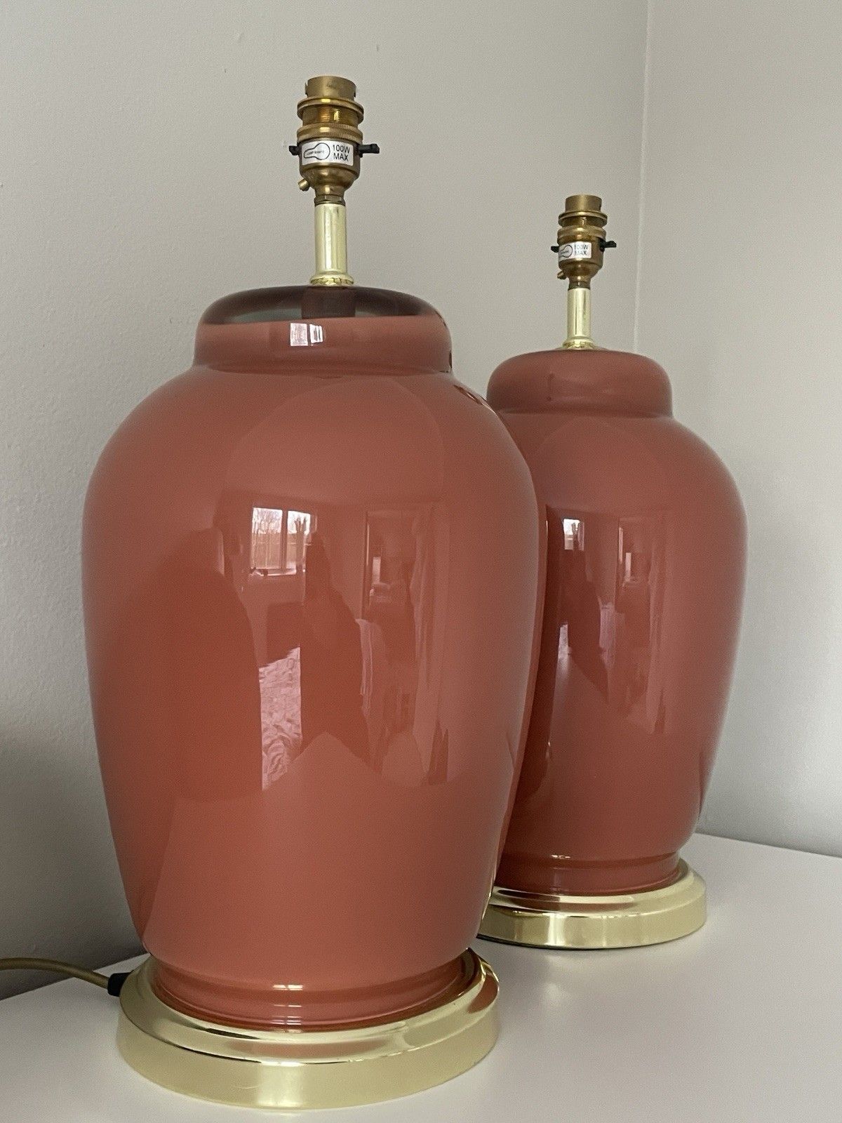 Pair Of Large Vintage Glass Cased Pink / Terracotta Coloured Lamps Working photo 165.0
