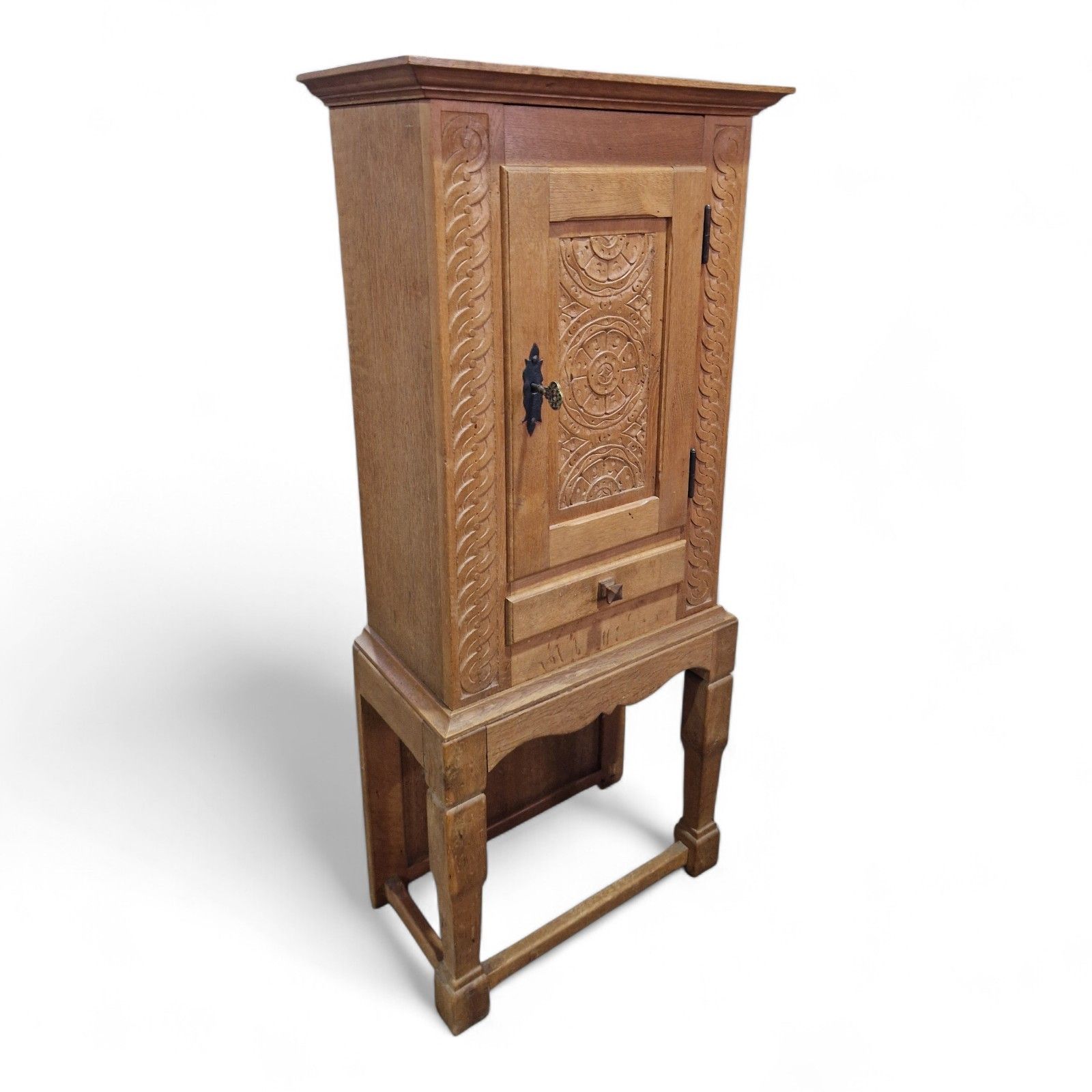 Carved Oak Side Cupboard / Antique Style Cabinet On Stand With Drawer + Key photo Furniture