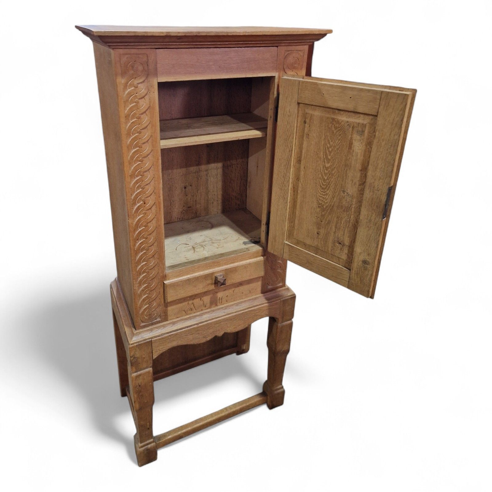 photo for sale Carved Oak Side Cupboard / Antique Style Cabinet On Stand With Drawer + Key