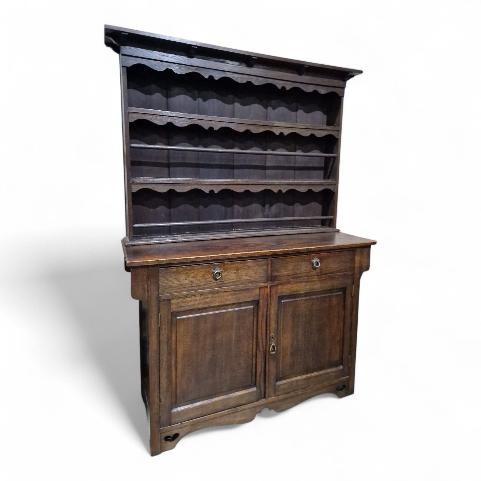 Antique Oak Cabinet Dresser Arts & Crafts Double Cupboard + Delft Display Rack photo for sale