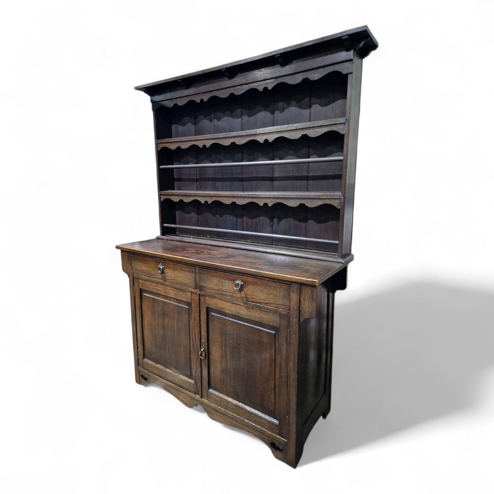 Antique Oak Cabinet Dresser Arts & Crafts Double Cupboard + Delft Display Rack photo vinterior