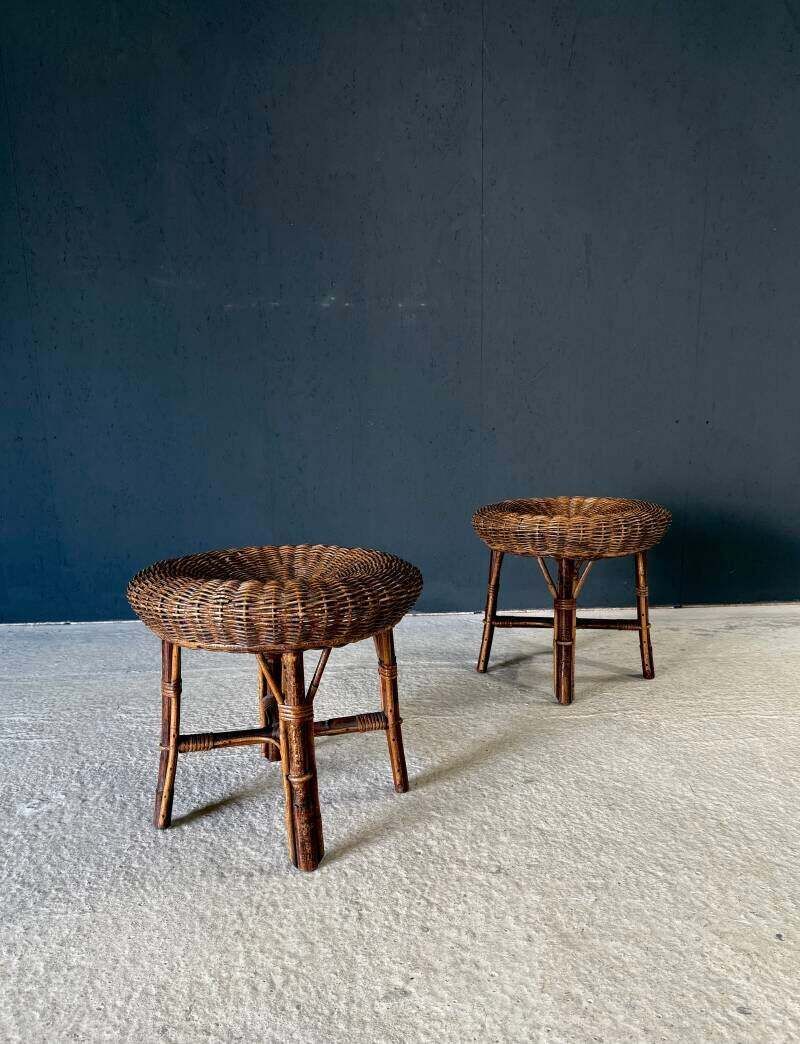 Boho Design Bamboe & Rotan Lage Krukken, Italië, Ca. Jaren 1960 photo vintage