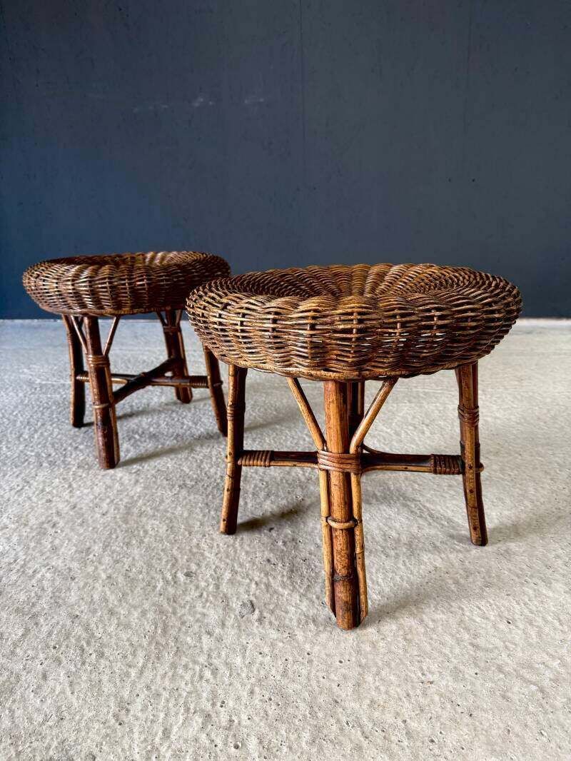 photo vinterior Boho Design Bamboe & Rotan Lage Krukken, Italië, Ca. Jaren 1960