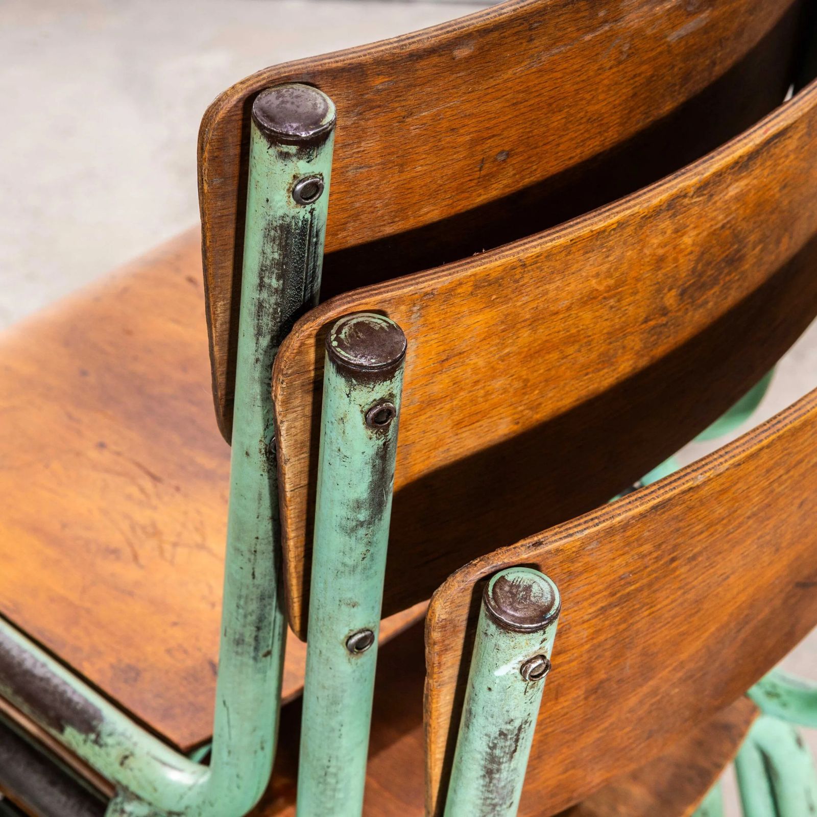 1950’s French Mullca Mint Green Simple Stacking Dining Chairs – Set Of Seven photo buy