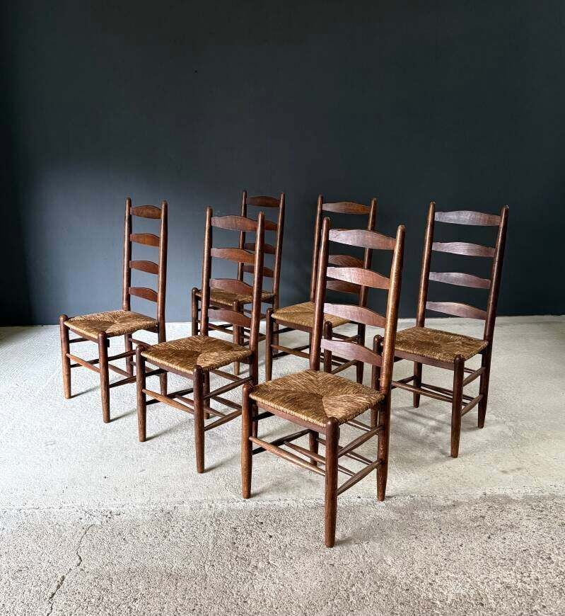 Rustic Design High Ladder Back Oak & Rush Dining Chairs, Belgium 1950's photo furniture
