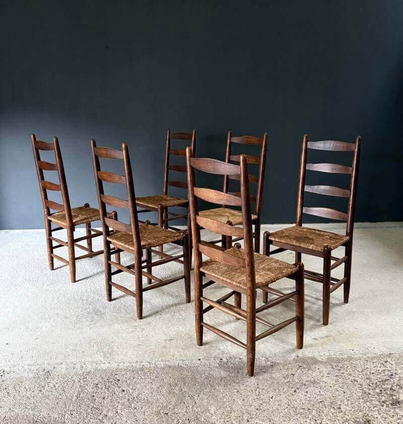 Rustic Design High Ladder Back Oak & Rush Dining Chairs, Belgium 1950's photo Furniture