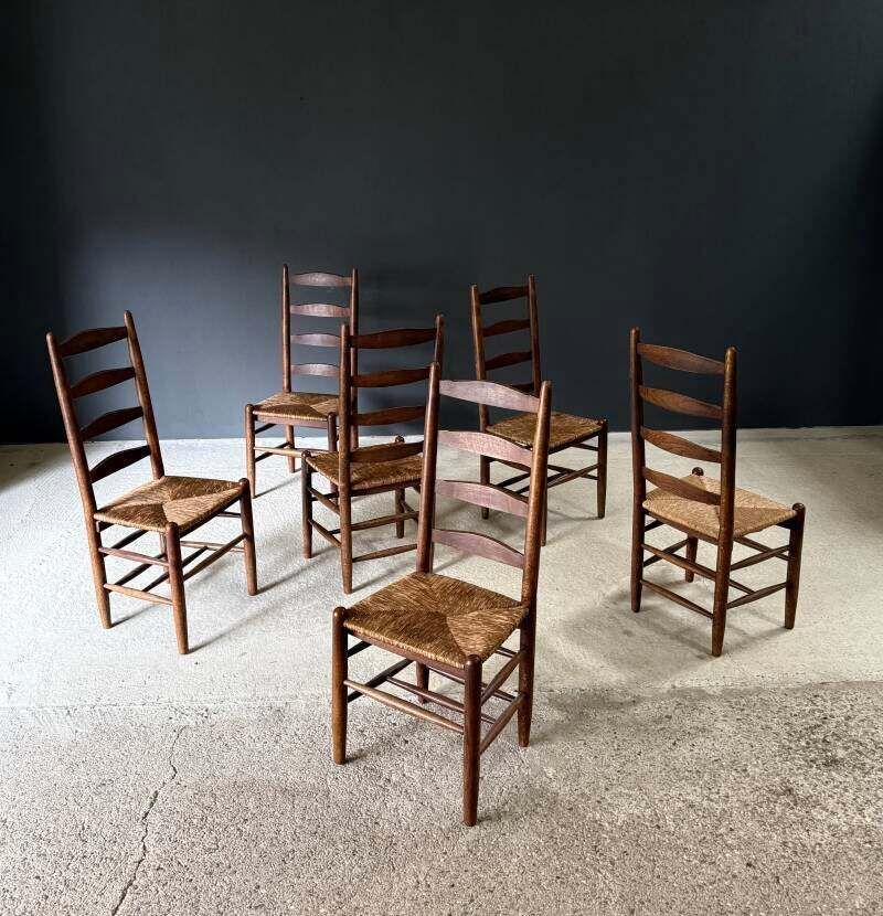 Rustic Design High Ladder Back Oak & Rush Dining Chairs, Belgium 1950's photo vinterior