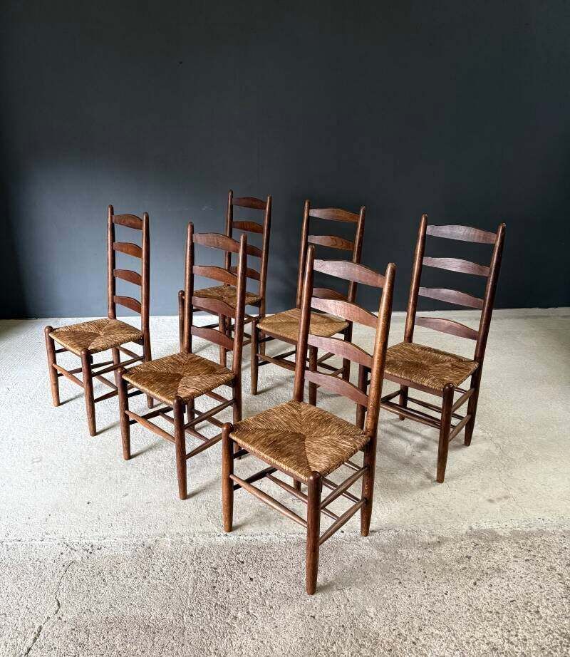 Rustic Design High Ladder Back Oak & Rush Dining Chairs, Belgium 1950's photo buy