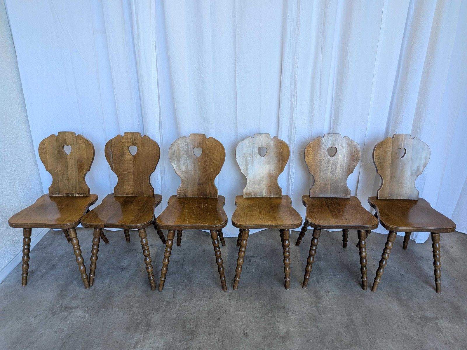 Set Of 6 Vintage Tyrolean Heart Cutout Wooden Dining Chairs / Darker Brown Wood photo furniture