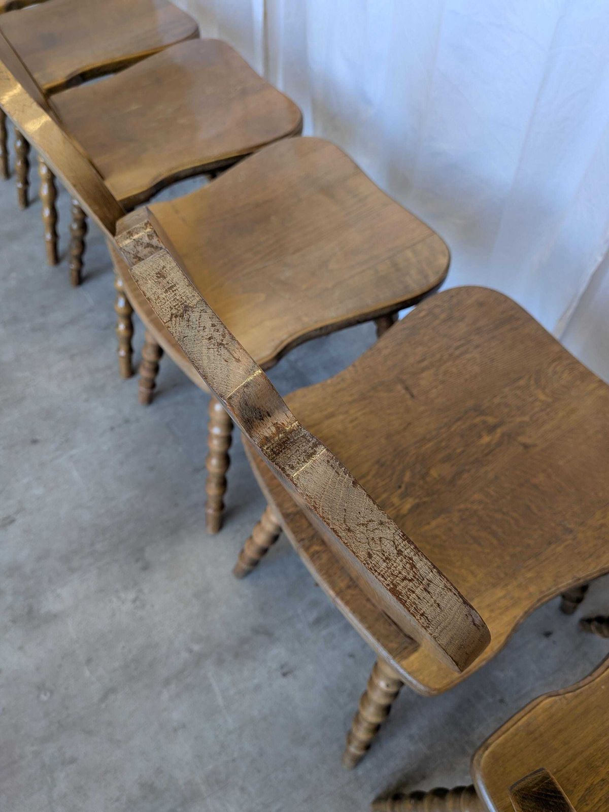 Furniture Set Of 6 Vintage Tyrolean Heart Cutout Wooden Dining Chairs / Darker Brown Wood photo