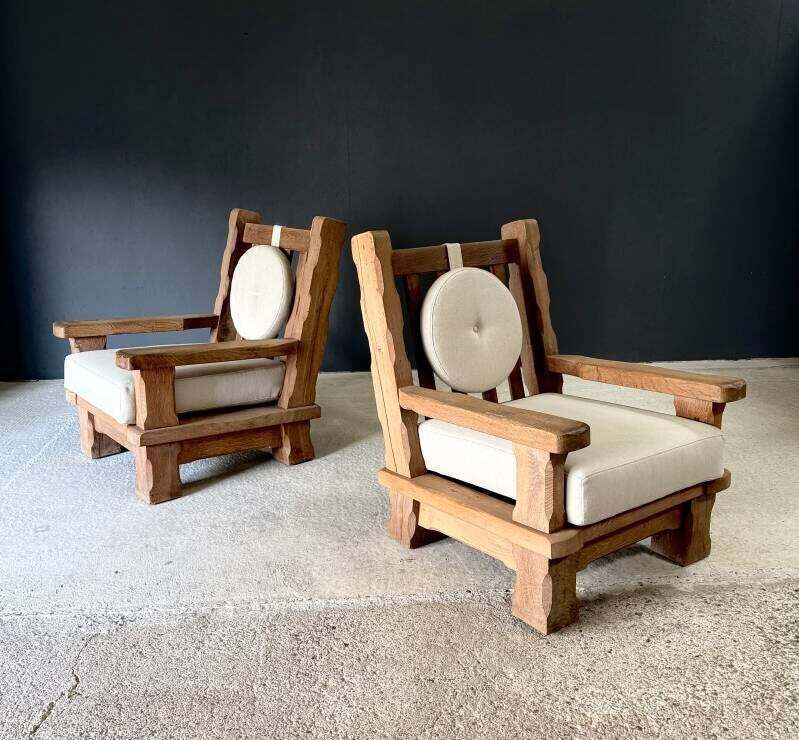 Brutalist Design Xl Eiken Lounge Chairs, België, Ca. Jaren 1960 photo for sale