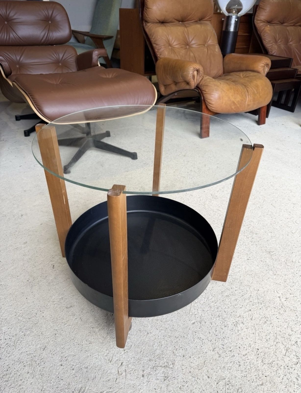 Mid Century Round Coffee Table With Glass Top & Wheels & Magazine Holder photo furniture