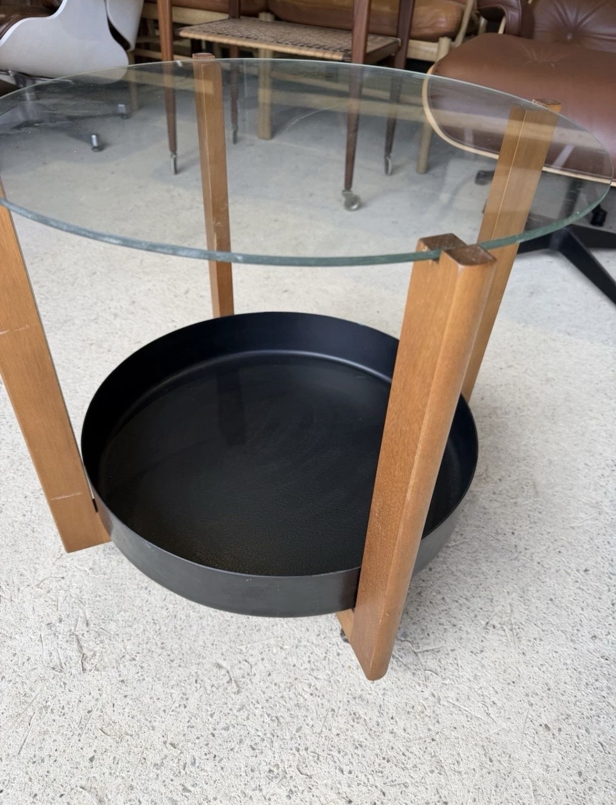Mid Century Round Coffee Table With Glass Top & Wheels & Magazine Holder photo Furniture
