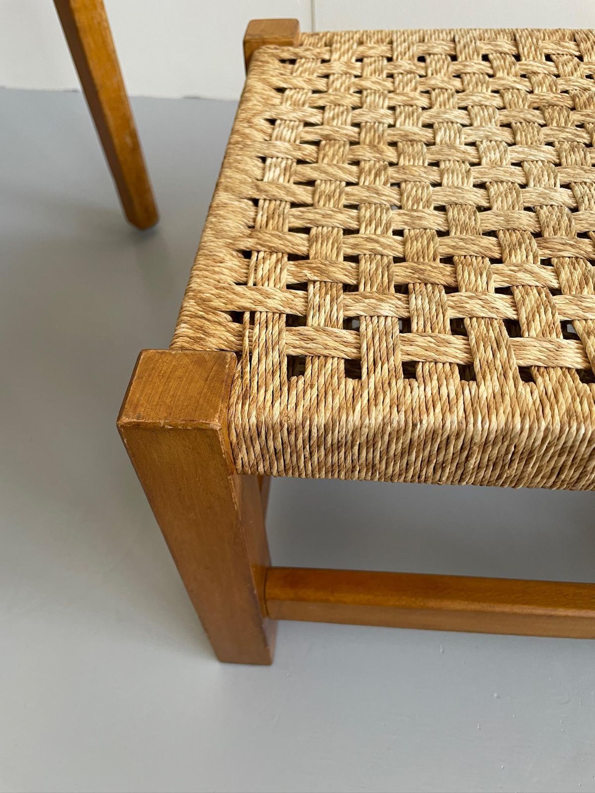 Vintage Footstool Stool With Woven Beige Rope Seat Mid Century photo Furniture