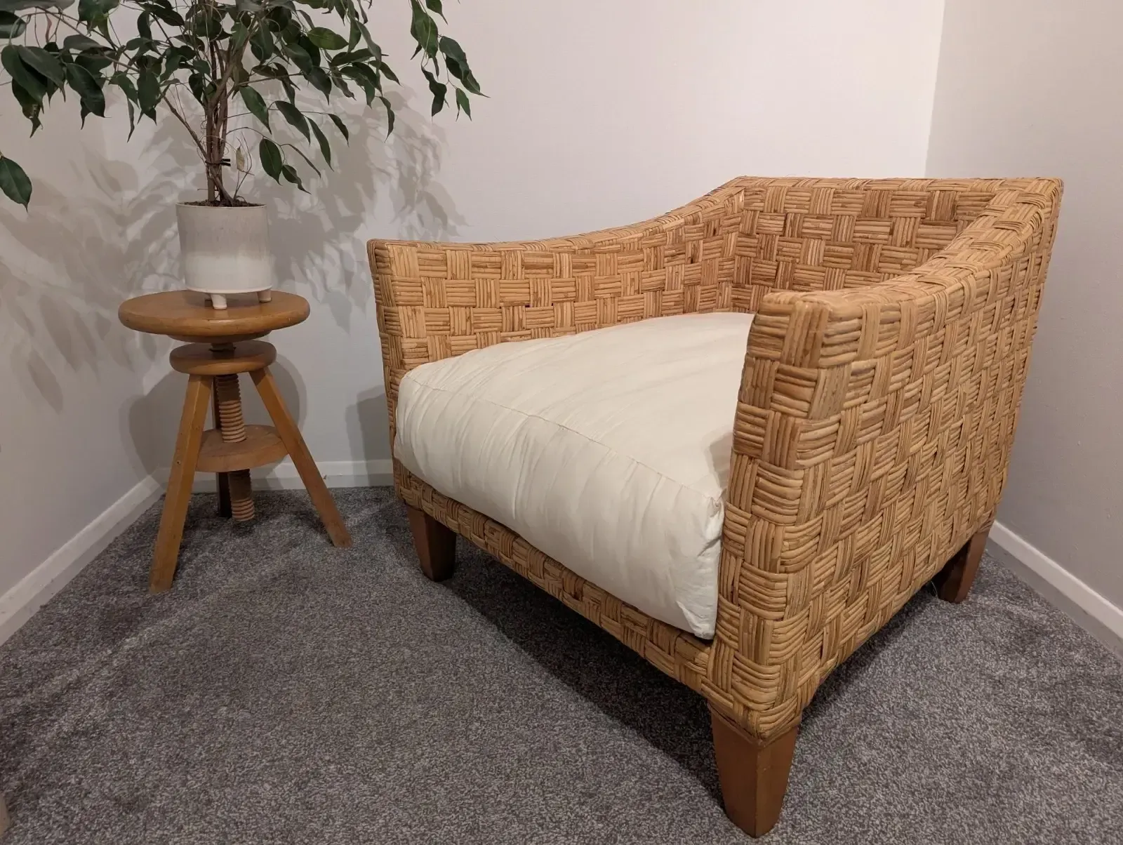 Vintage Mcm 1970s Ligne Roset Style Wicker And Rattan Armchair.