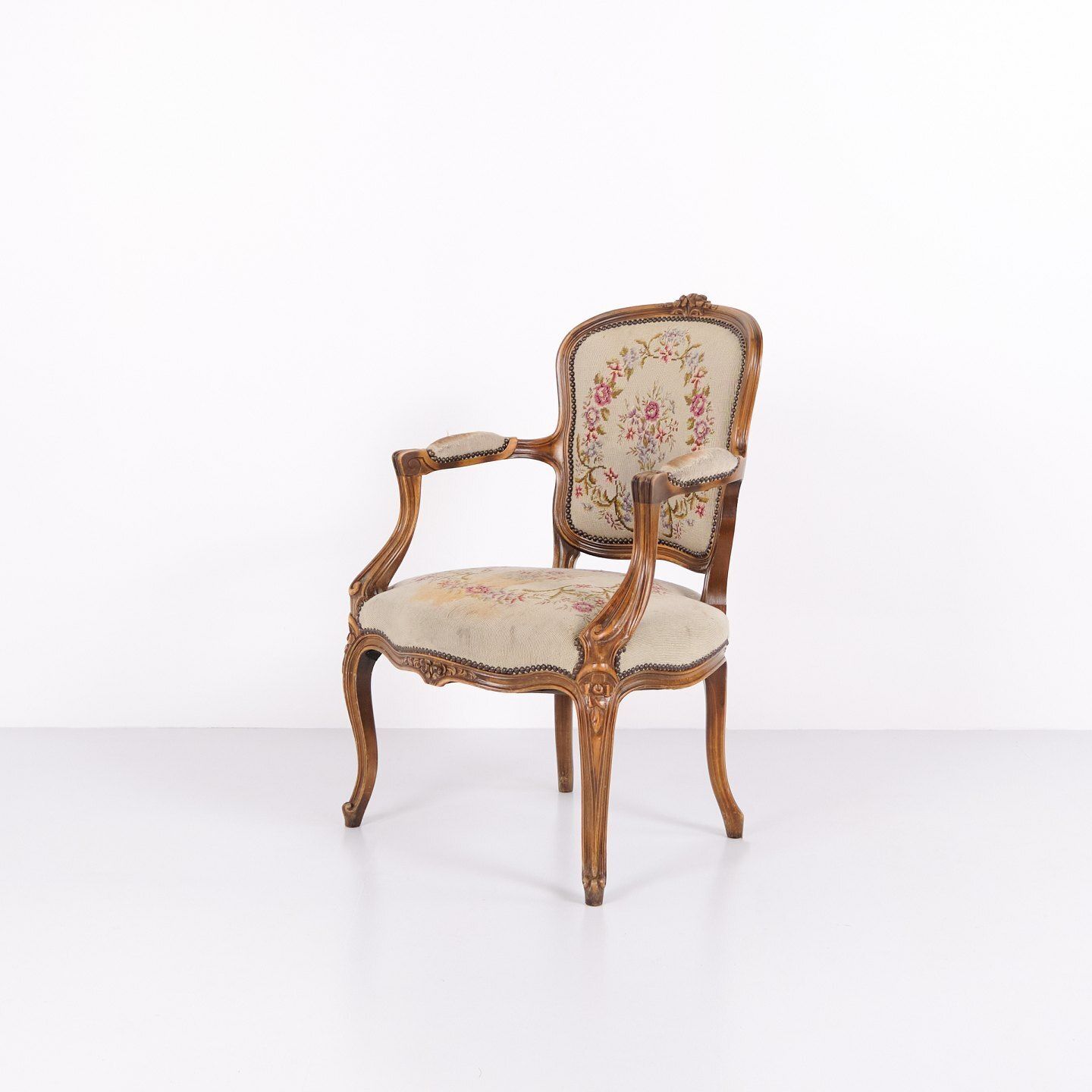 Neo Rococo Armchair With Curved Legs And Floral Fabric, 1930s photo Furniture