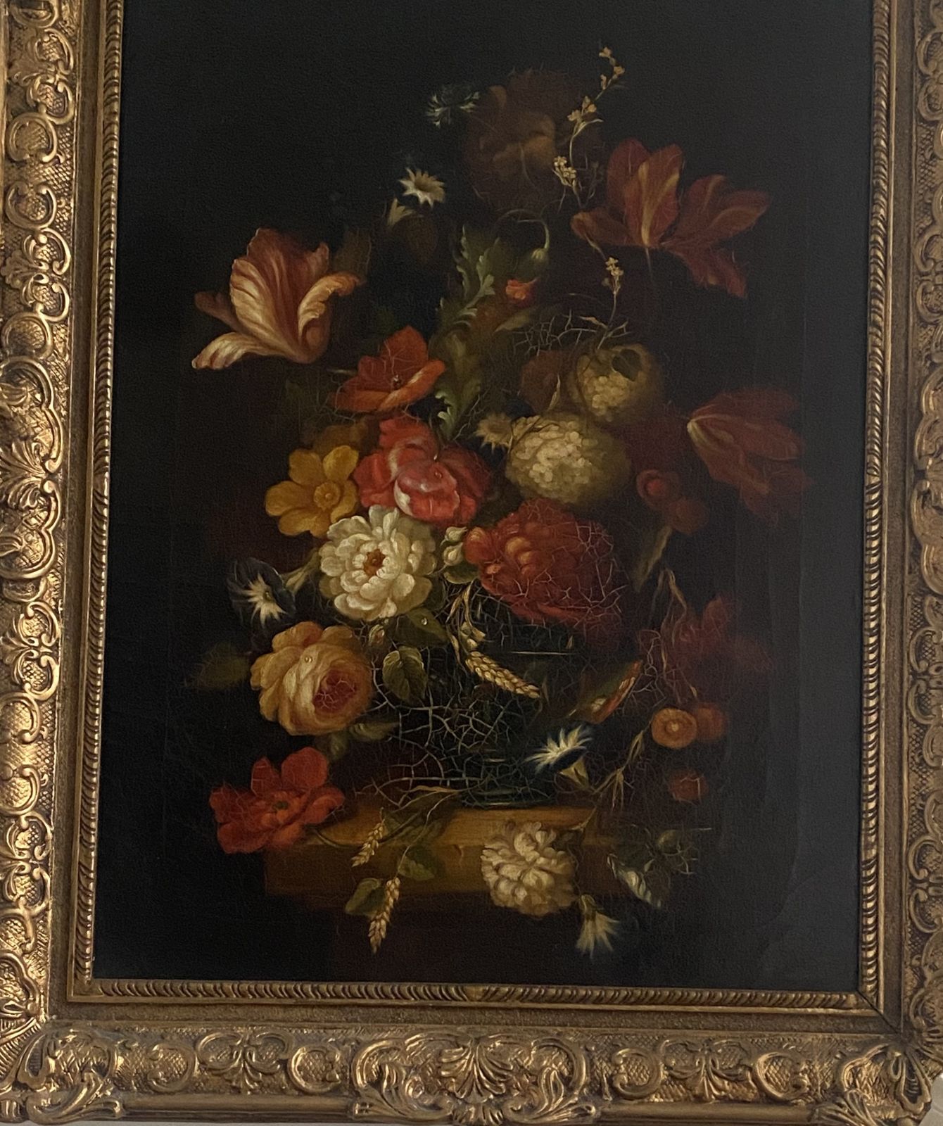 Large Floral Oil Painting On Canvas In Lovely Condition. photo for sale