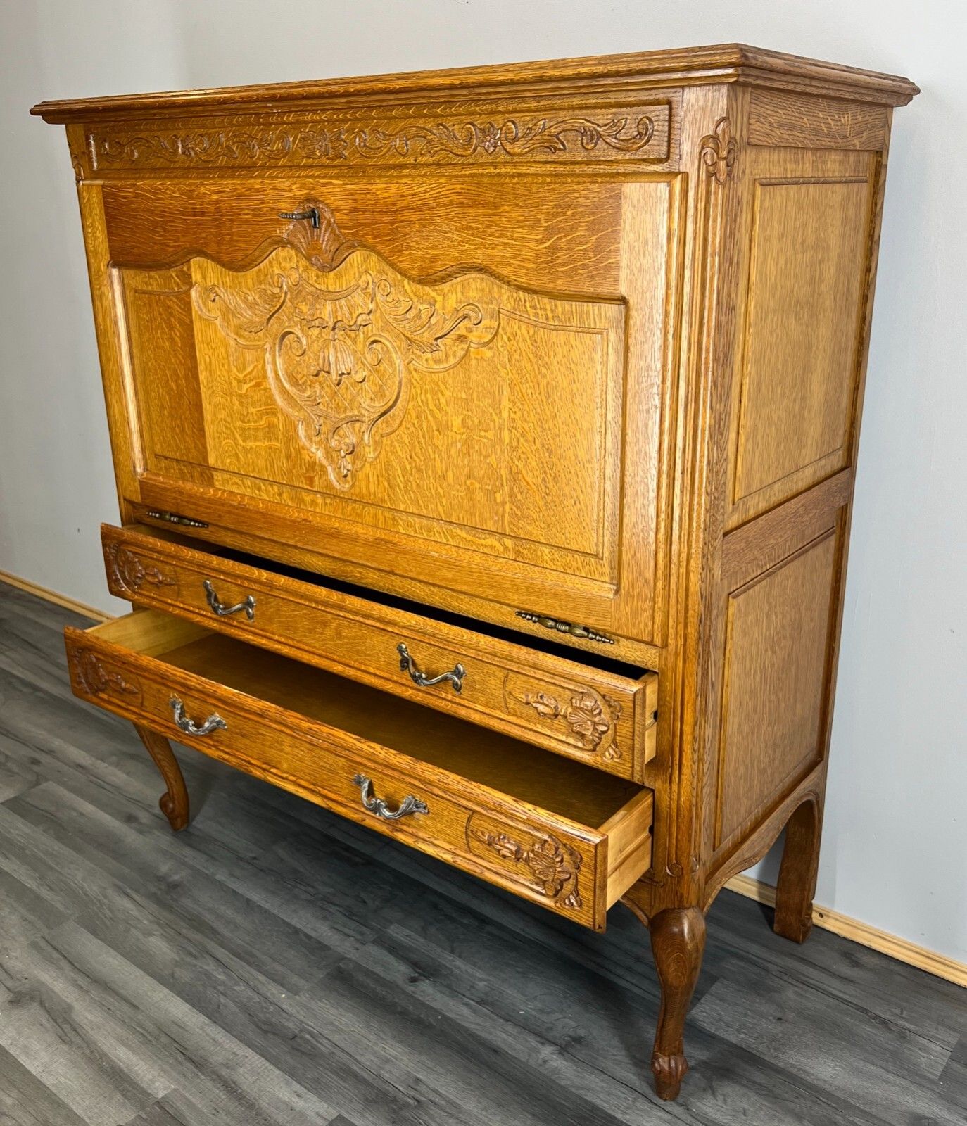 Cabinet Vintage French Louis XIV Style Carved Drop Front Oak Sideboard Lot 2651 photo for sale
