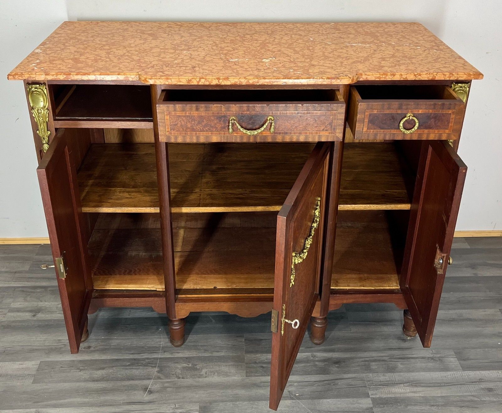 Sideboard Antique French Marble Top Inlaid Brass Detail Carved Cabinet Lot 2382 photo for sale
