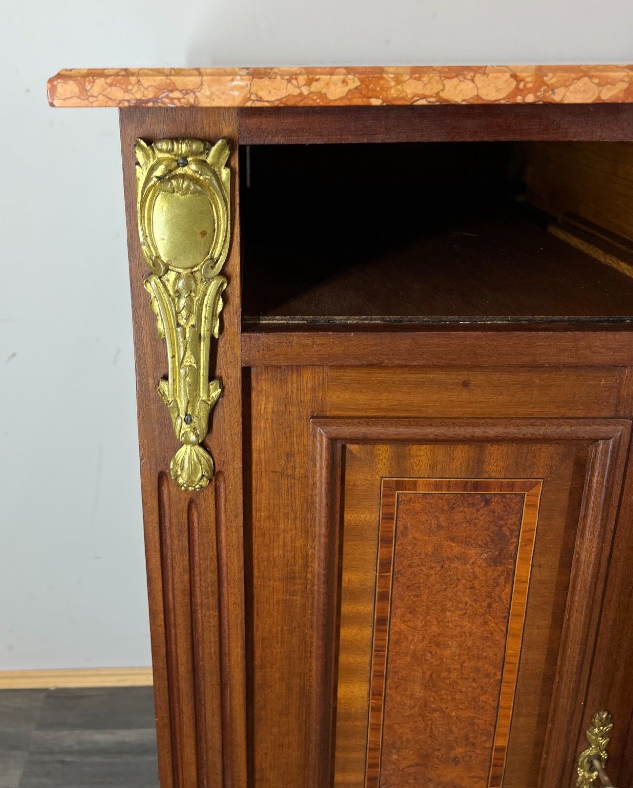 Sideboard Antique French Marble Top Inlaid Brass Detail Carved Cabinet Lot 2382 photo Furniture
