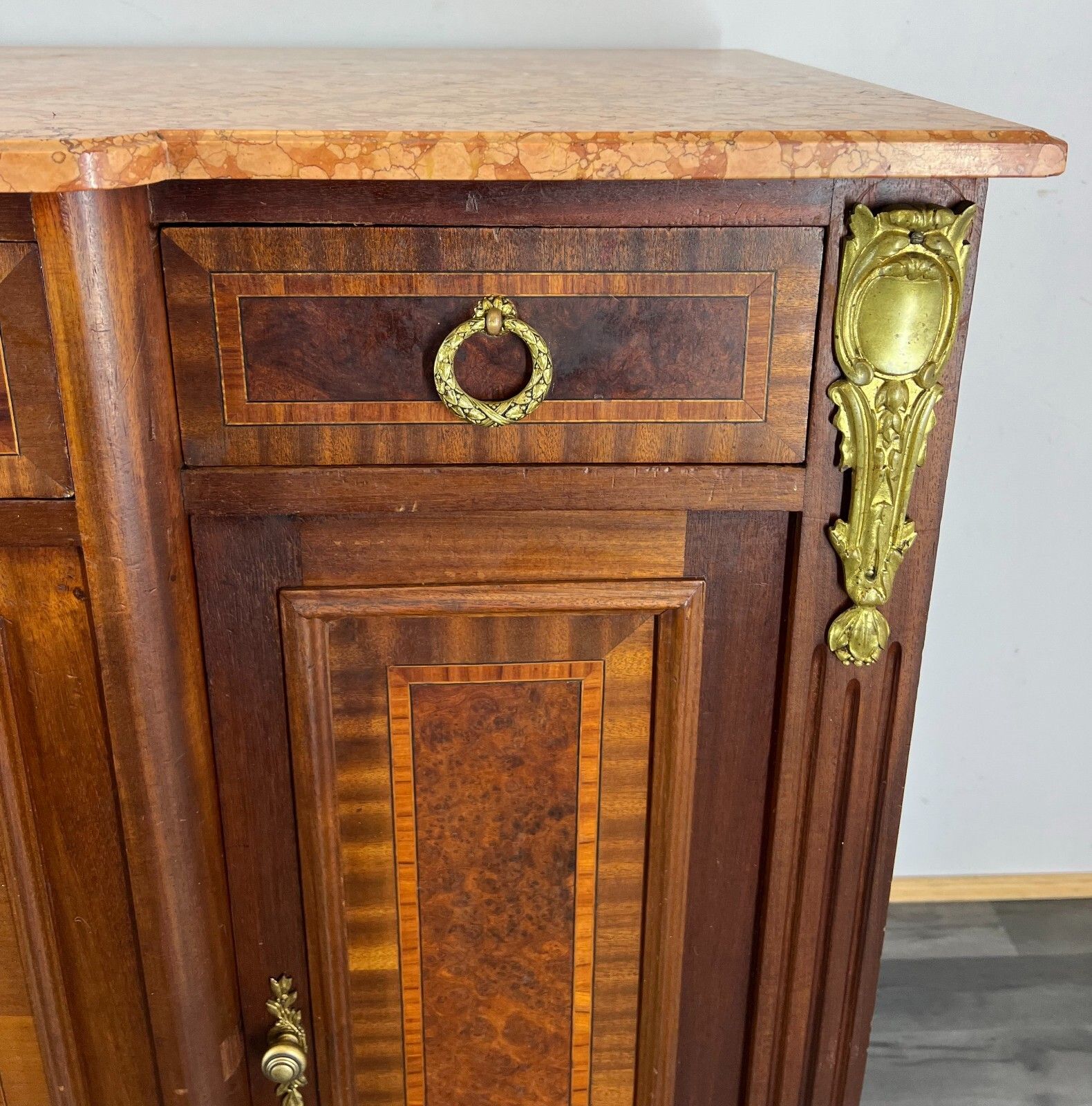 Sideboard Antique French Marble Top Inlaid Brass Detail Carved Cabinet Lot 2382 photo buy