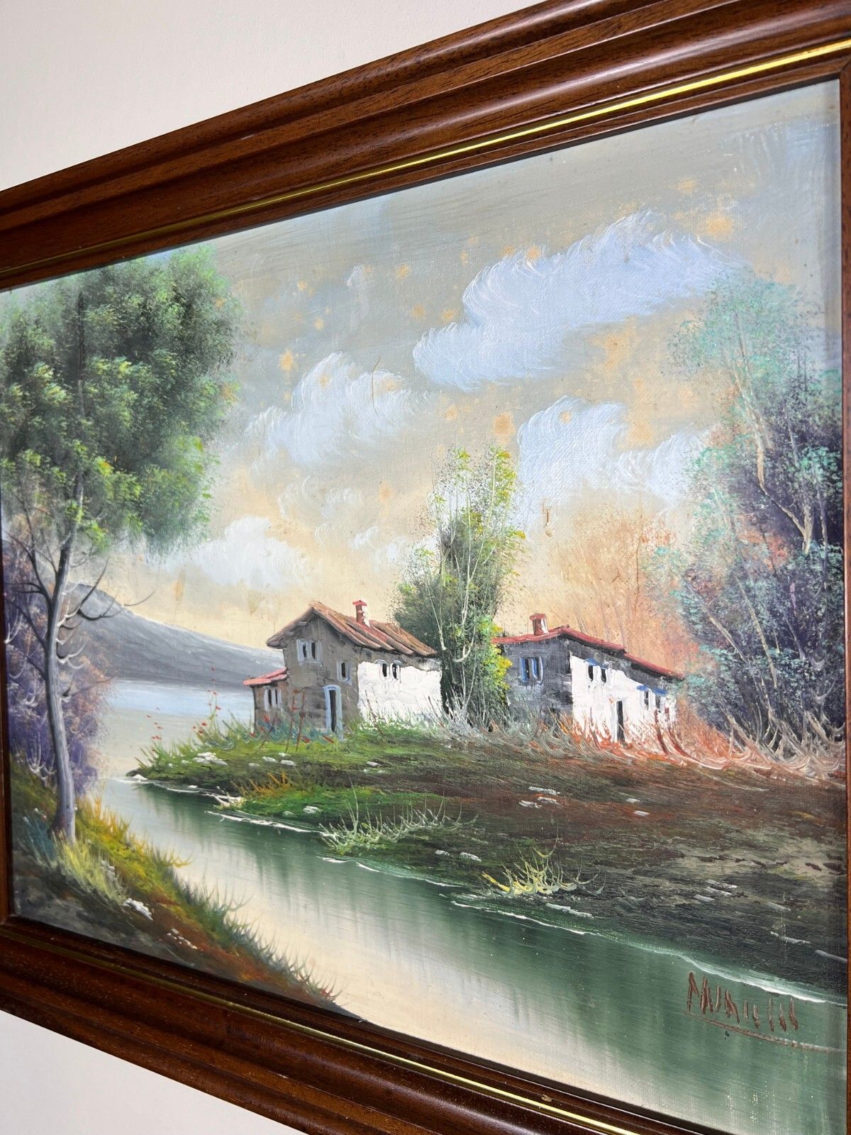 Vintage French Oil Painting Lake Mountain Scene Signed Framed Art Lot 5051 photo for sale